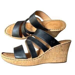 Born Black Strappy Slip on Cork Wedge‎ Platform Sandals - 10